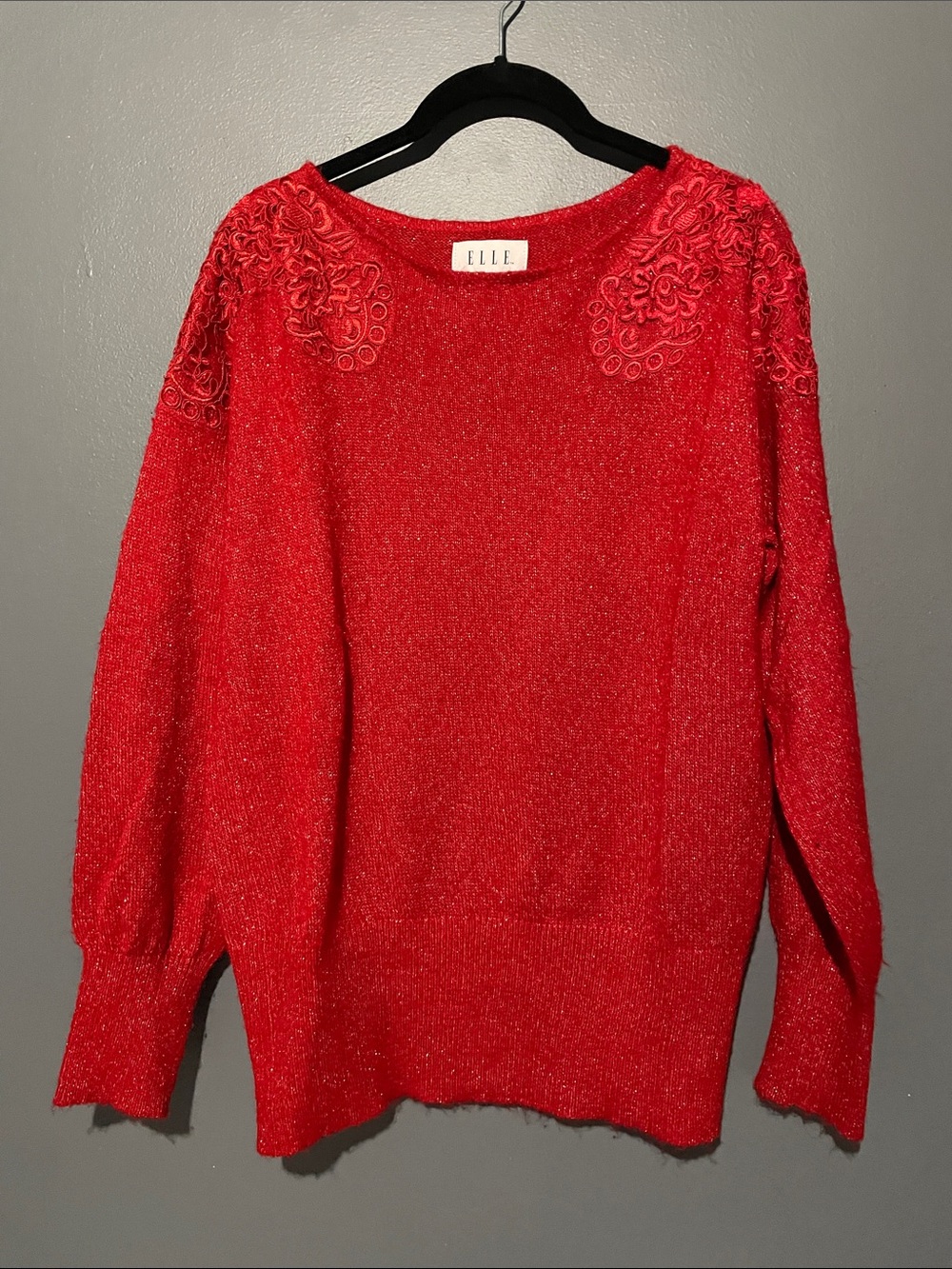 ELLE Red Embroidered Shoulder Crewneck Sweater